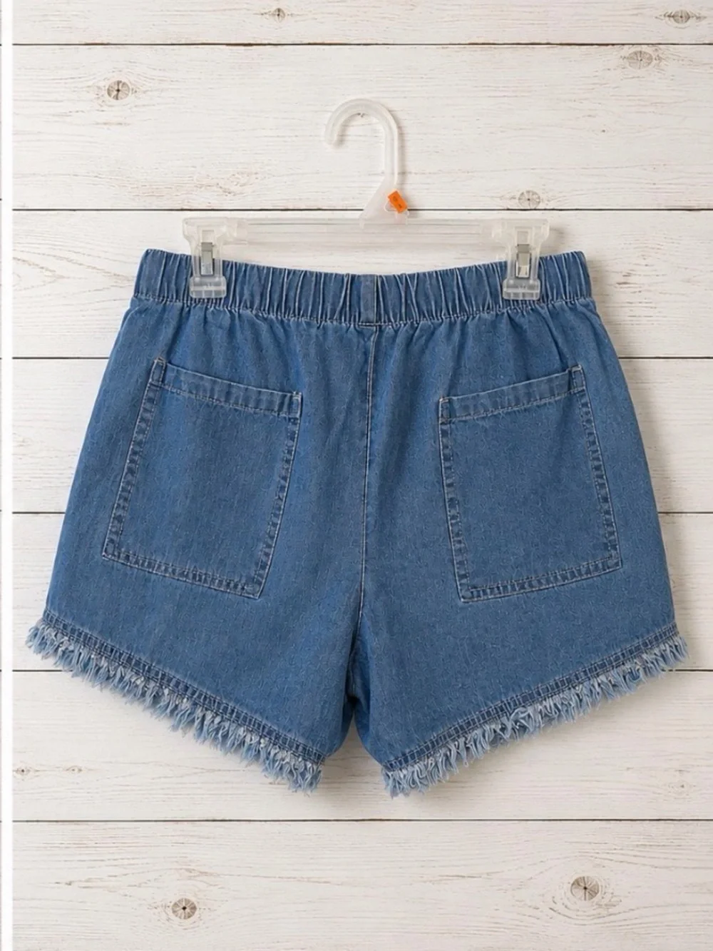 Denim Drawstring Frayed Hem Shorts Lightweight Chambray Beachy Boho Large NWOT